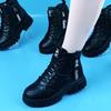 1 Pair Winter Women Boots Thick Flat Sole Faux Leather Side Zipper Solid Color Lace Up Soft Thermal Heat Retention Slip-on Anti-skid Shoes