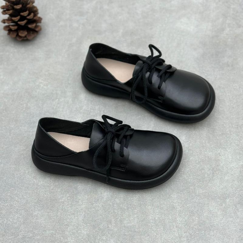 Johnature Genuine Leather Women's Shoes Retro Round Toe Soft Soled Lace Up Versatile Shoes