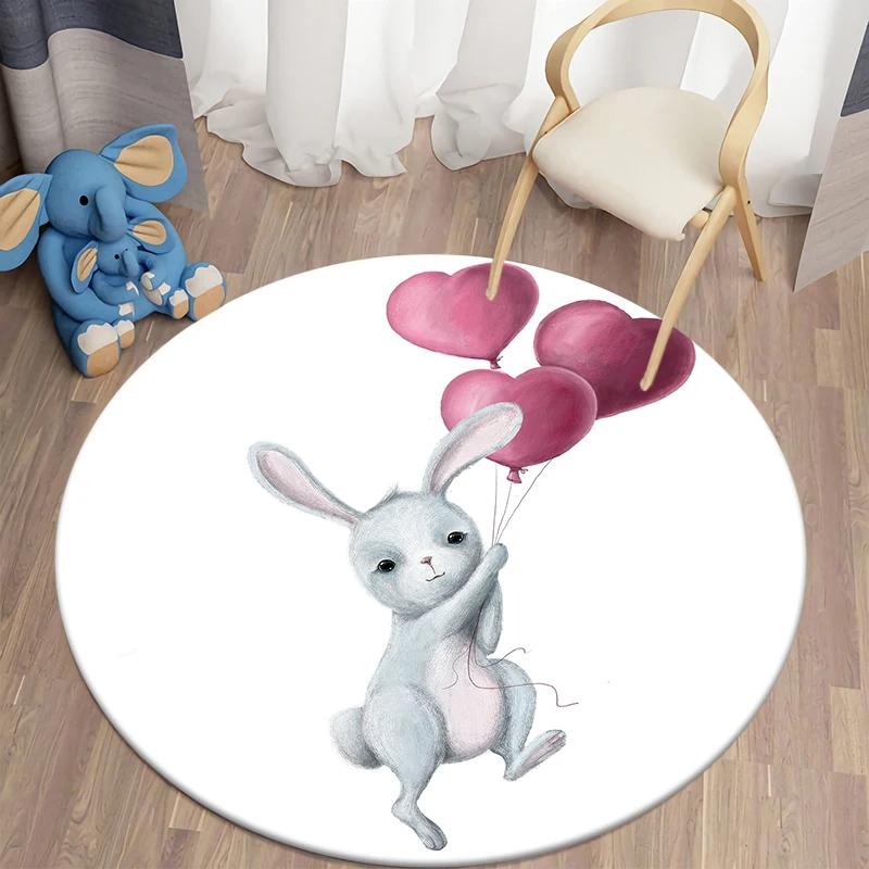 Cartoon Rabbit Girl Animal Flowers Round Carpet Cute Bunny Mouse Circle Rug Home Bedroom Living Room Floor Mat Chair Pad Doormat