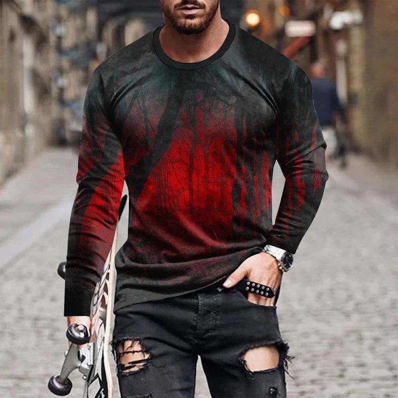 Spring and Autumn Round Neck 3D Scenic Moonlit Forest Pattern Printed Top Fashionable Casual Long Sleeved Men's T-shirts