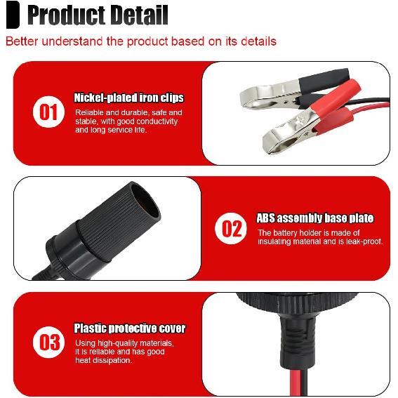 12 Inch Cigarette Lighter Extension Cord, 12V Car Battery Clamp-on Extension Charge Cable, Battery Alligator Clip to Female Cigarette Lighter Socket,