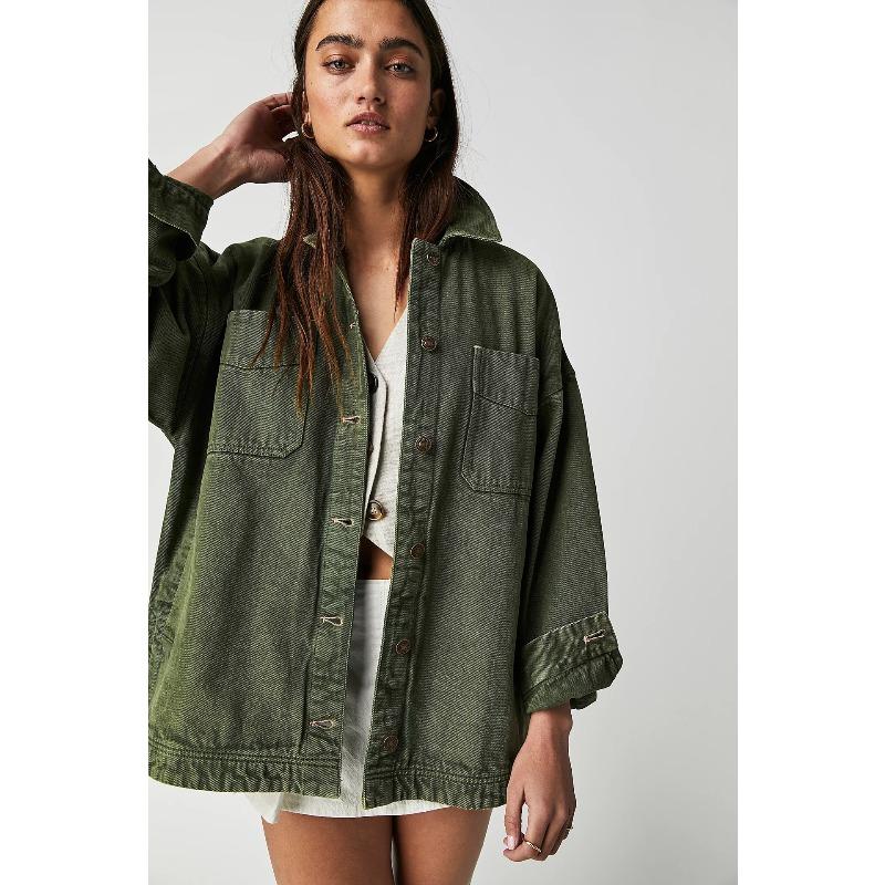 JPNTKY Women's Vintage Casual Solid Color Print Autumn Winter Long Sleeve POLO Neck Jackets & Coats