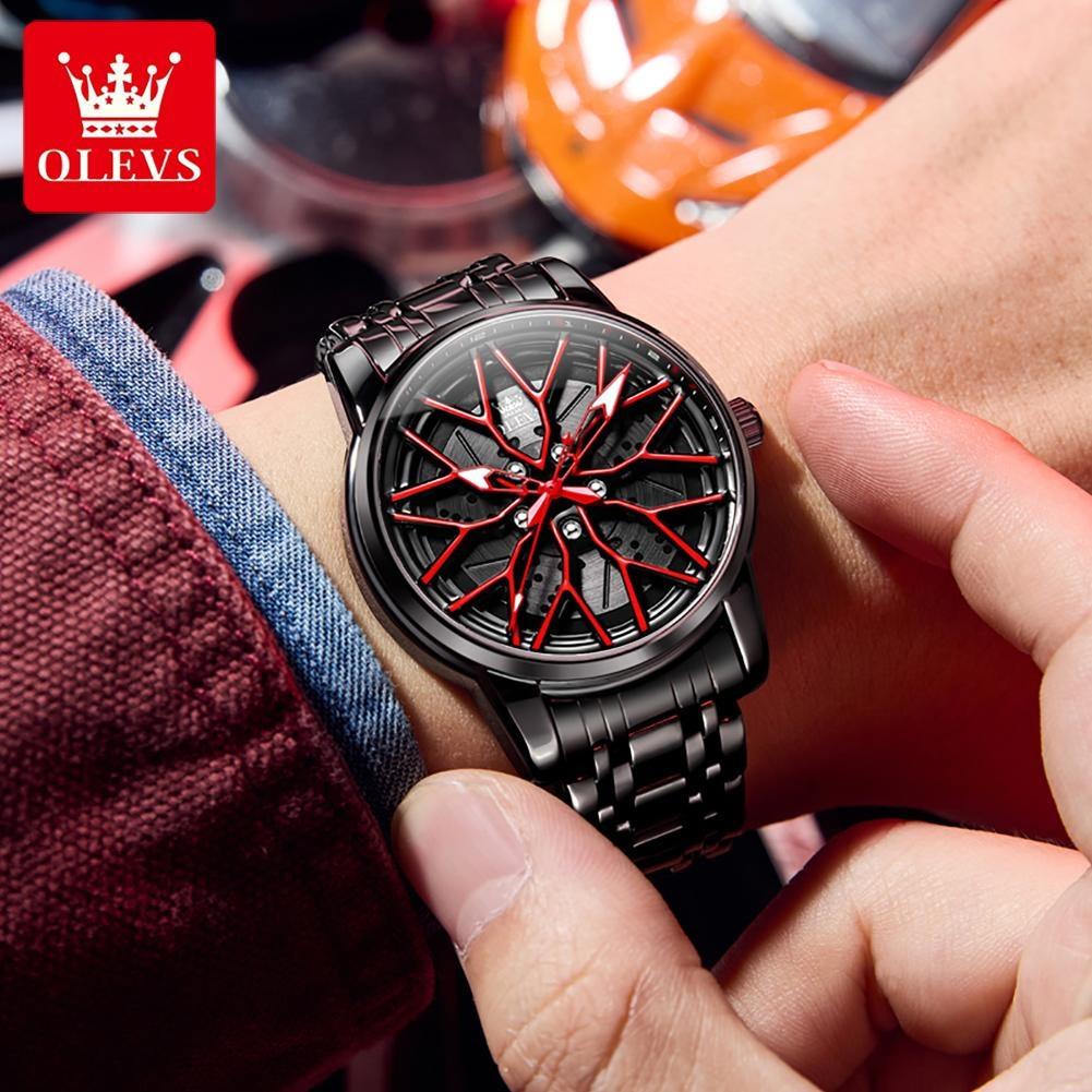 OLEVS Relógio de Pulso Masculino de Quartzo com Mostrador Rotativo 360° Fashion Roda Cubo de Roda Aro Carro Esportivo Aço Inoxidável à Prova d'Água