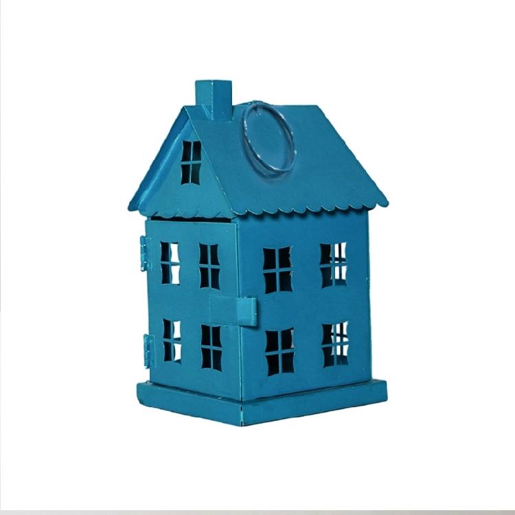 Ice House Shape Blue Metal Tealight Candle Holder Hanging Lanterns for Indoor Accent Ornament Table Centerpieces Decors S