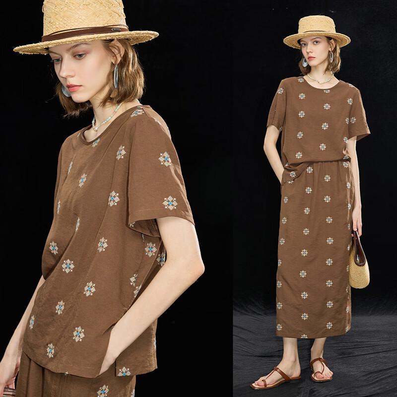 Women s Vintage Floral Embroidered Tencel Linen Blend Short Sleeve Shirt S