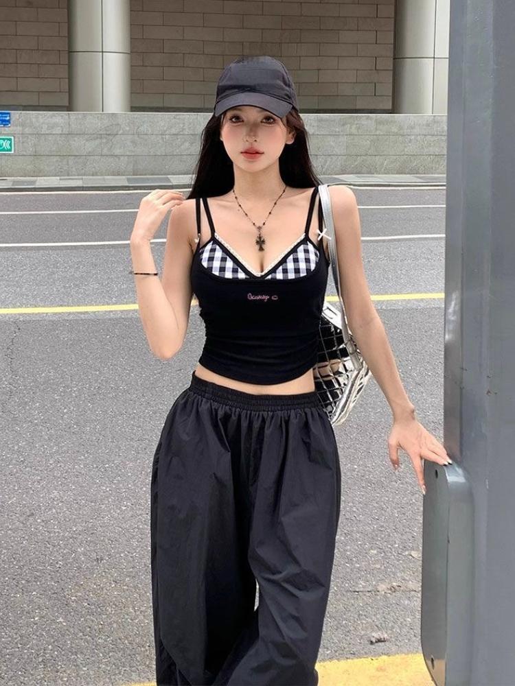 Summer 2000s Outwear Lace Plaid Corset Vest Two Pieces Hot Girls Sweet Spicy Slim Y2k Crop Top Casual Korean Fashion Camis Chic