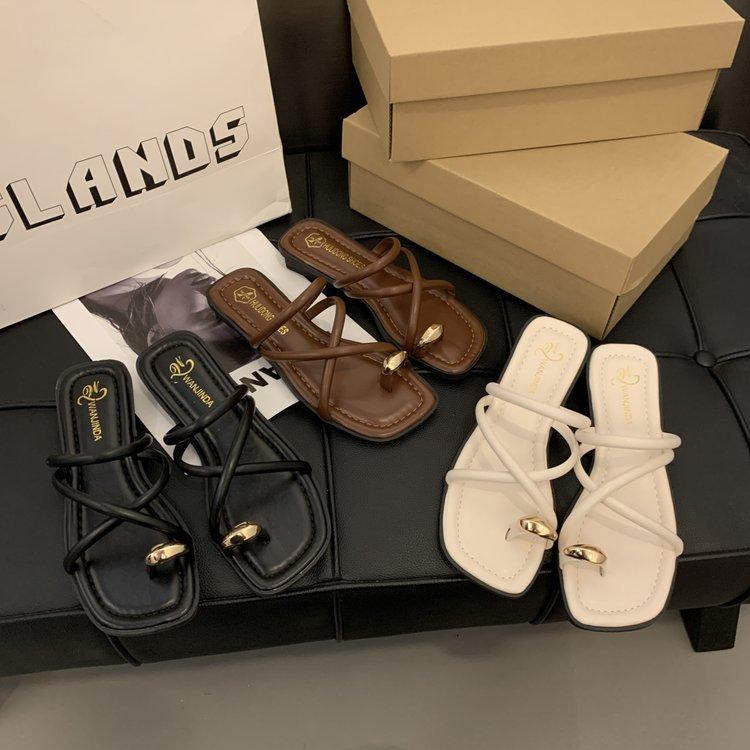 

Summer Women s Comfortable Cross Strap Slide Sandals Casual Solid Color Lightweight Toe Loop Beach Shoes Flat Sandals 35 чёрный