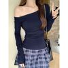 Spring Autumn Sloping Shoulders Sexy Fashion T-shirt Women Long Sleeve All-match Slim Tee Pullover Top