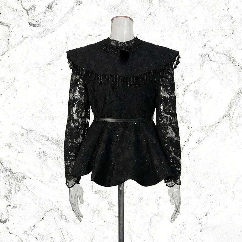 Court Style Lace Embroidery Solid Color Suit Large Lapel Waist Ruffled Top + A-shaped Long Dress