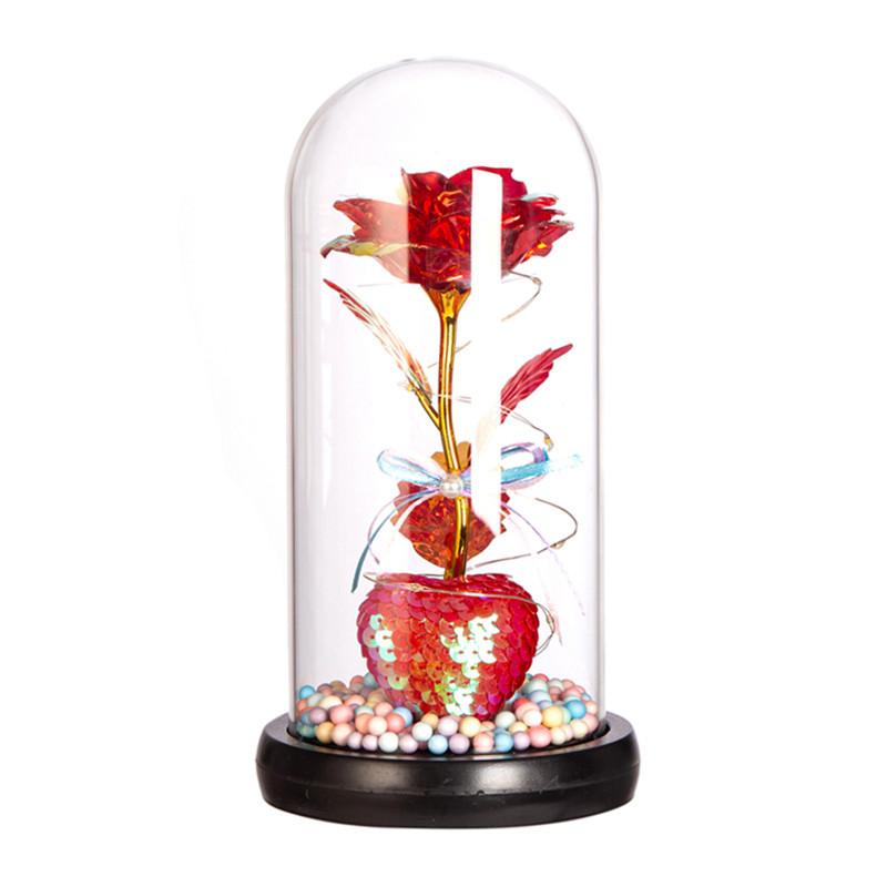 Love glass cover gold leaf flower ornament, Christmas and Valentine's Day creative gift, luminous simulated rose bouquet