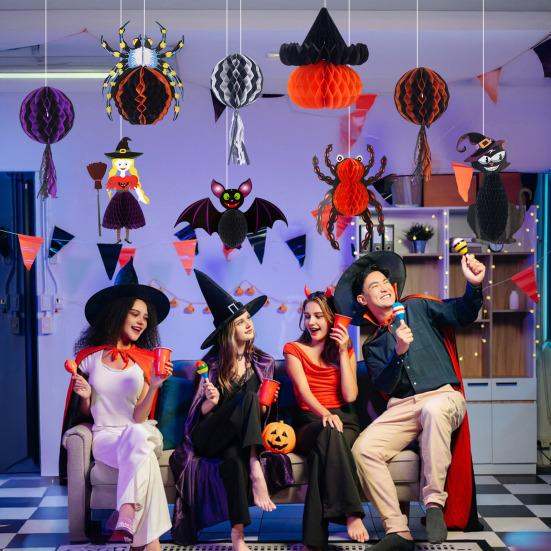 Honeycomb Halloween Hanging Decorations Ghost Spider Pumpkin Witch Bat Paper Honeycomb Centerpieces for Indoor Window Haunted House Decor