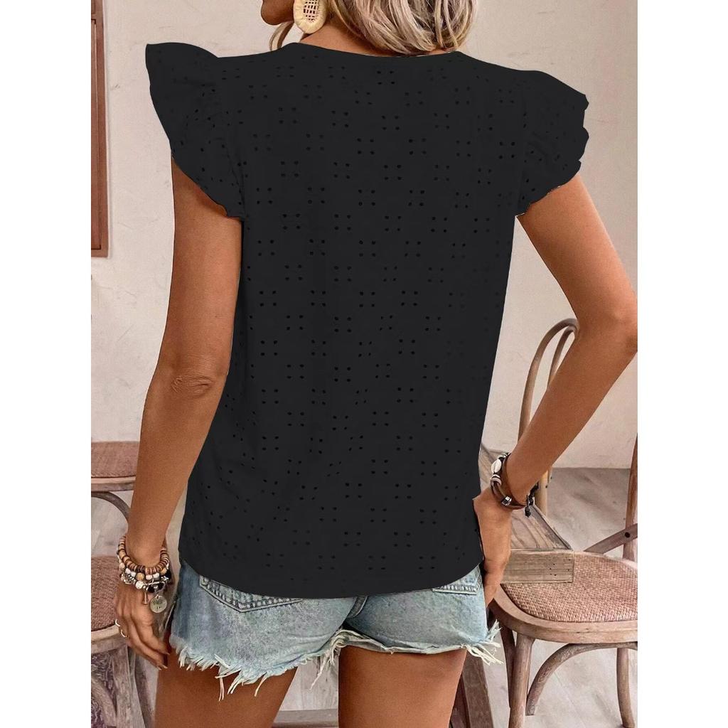 Jacquard V-Neck Push-Up Sleeve Short Sleeve T-Shirt Top,Women's