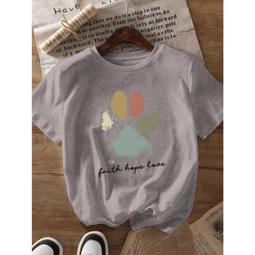 Women Cotton Short Sleeves T-shirts Faith Hope Love Paw Print Women's Tee Boho Pet Graphic Casual Dog Lover Top