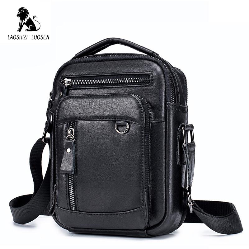 LAOSHIZI Genuine Leather Men's Crossbody Shoulder Bag Vintage Cowhide Messenger Bag for Male Small Casual Handbag