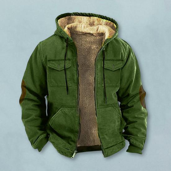 Men Thermal Jacket Hooded Drawstring Long Sleeve Solid Color Jacket with Pockets Zipper Closure