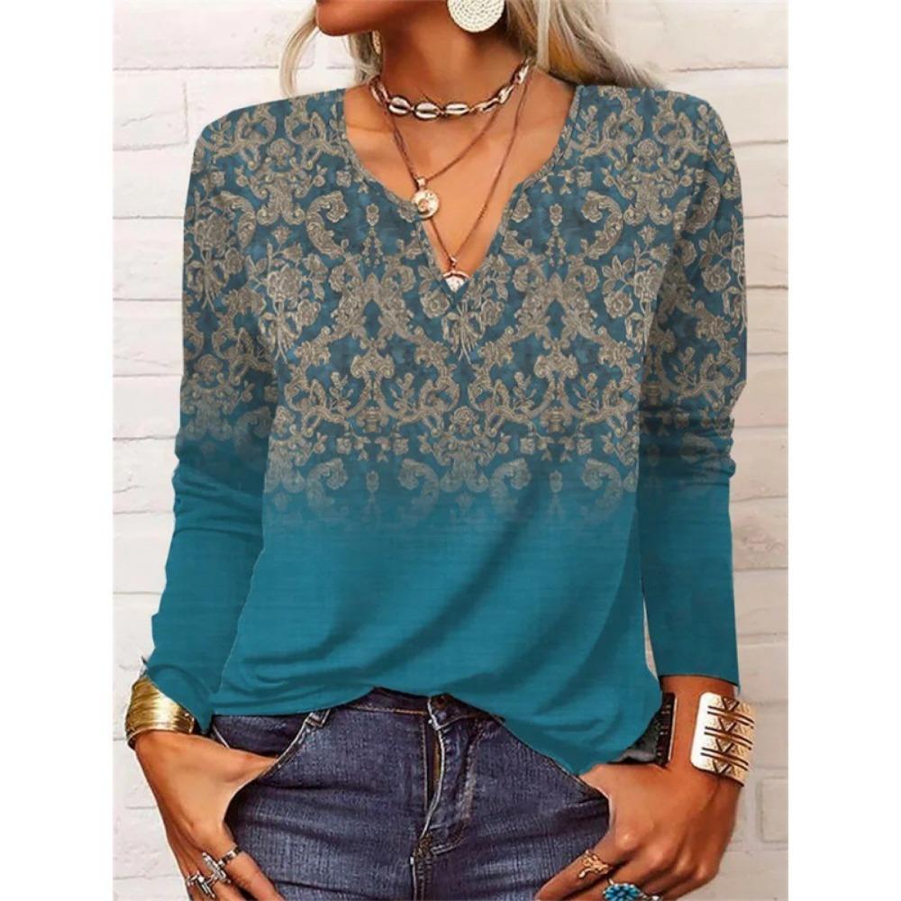 GMXIA Autumn Loose Long Sleeve Flower Bold V-neck T-shirt Base for Women
