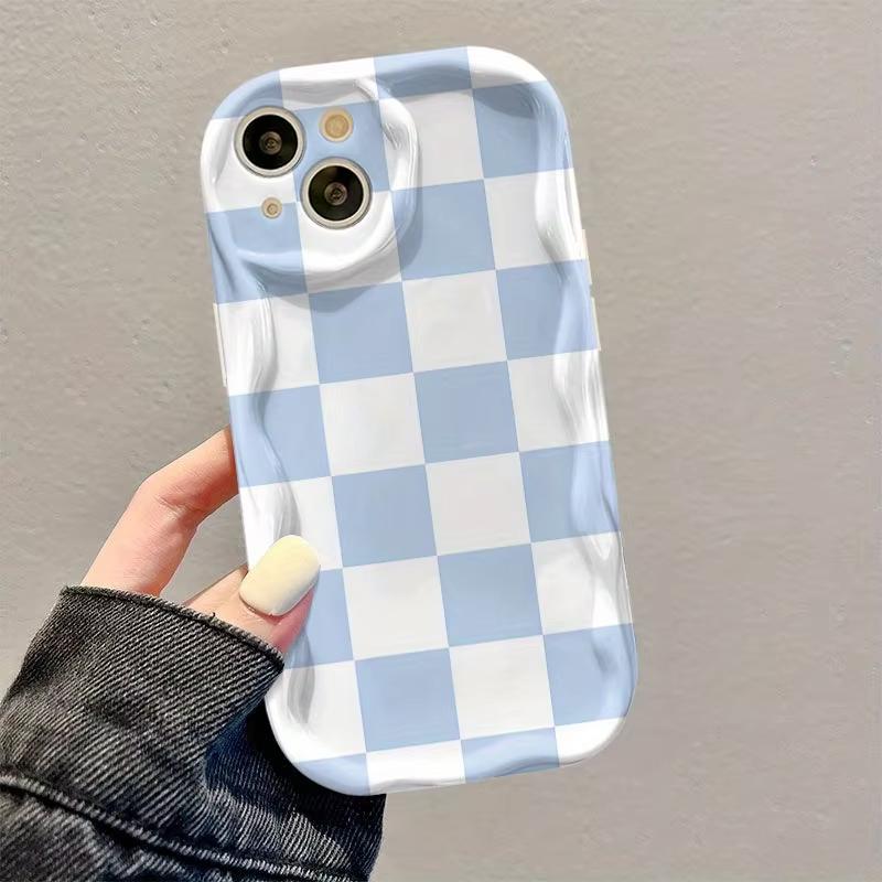 Fashion Pink Green Grid Printed Wavy Phone Case For iPhone 11 12 13 14 15 16 17 Pro Max XS Max XR X 16E 17Air Soft Back Cover