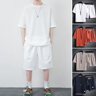 2Pcs/Set Men Summer Sport Suit O-neck Short Sleeve T-shirt Elastic Waist Adjustable Drawstring Wide Leg Shorts Set