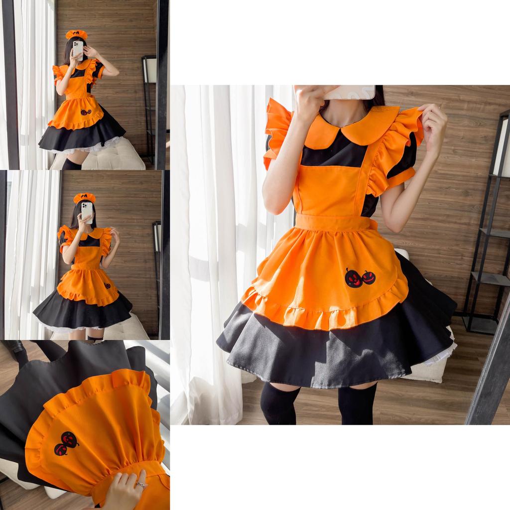 Süßes Lolita Kürbis Dienstmädchen Halloween Party Kostümkleid mit Kopfschmuck