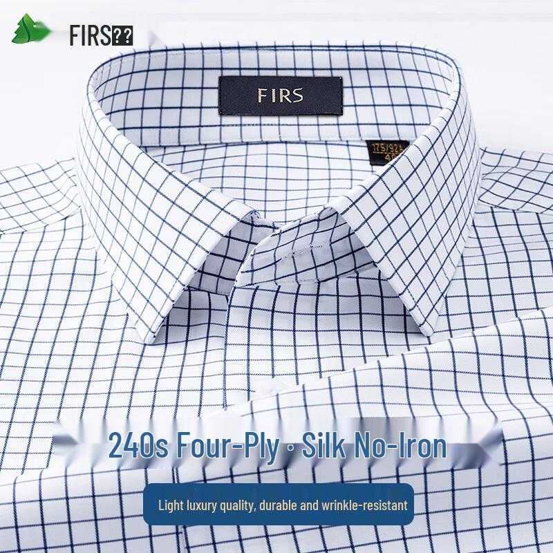 FIRS Men's 240-Count Mulberry Silk Blend Non-Iron Plaid Long-Sleeve Shirt