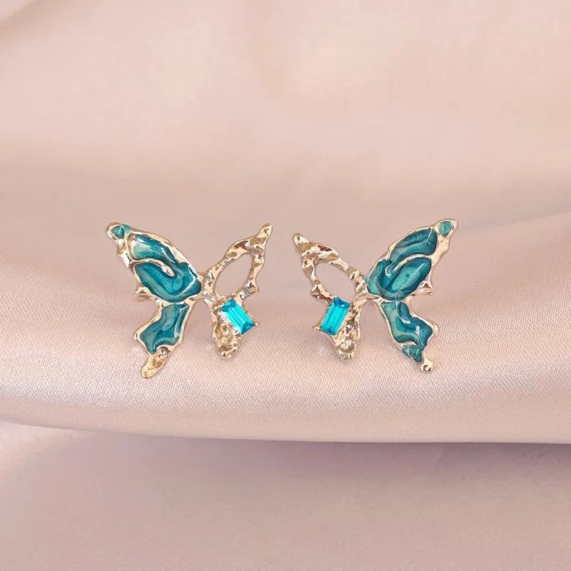 New Trend Glaze Blue Butterfly Stud Earring for Women Exquisite Temperament Fashion Zircon Christmas Gift