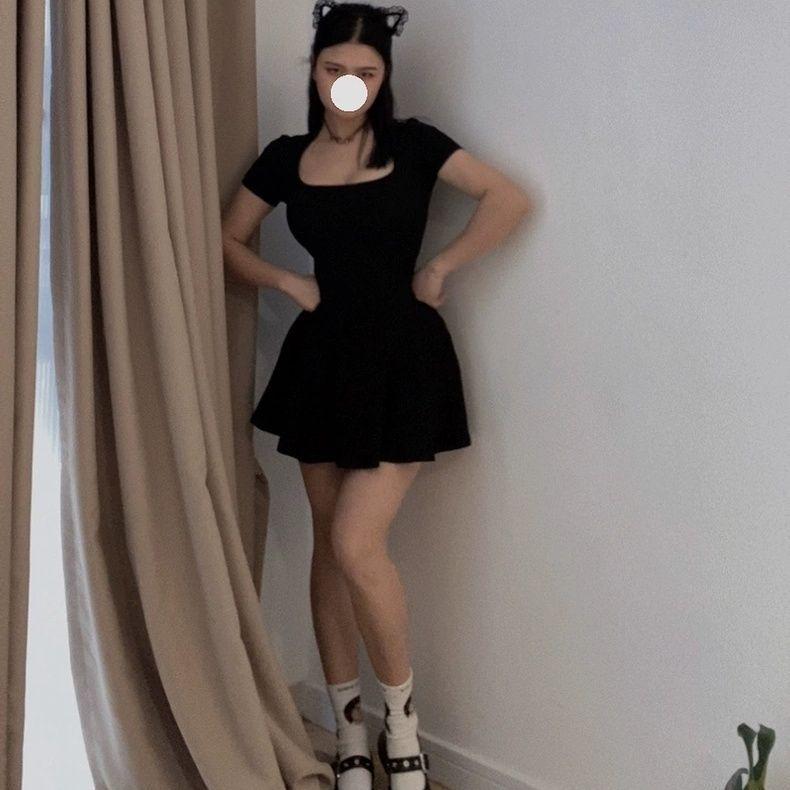 Rochie Mini de Vară Culoare Uni, Decolteu Pătrat, Mânecă Scurtă, Croială A, Purtare Pură