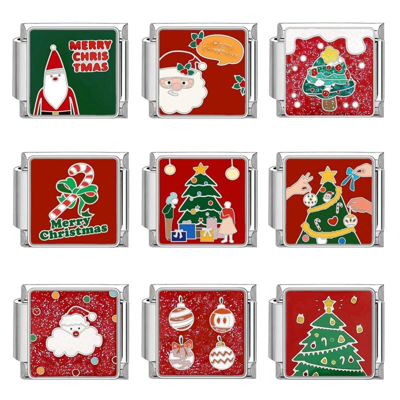 Lovely Santa Claus Snowman Christmas Tree Gloves Italian Charm Links Fit 9MM Stainless Steel Bracelet Women Men DIY Making Gifts
