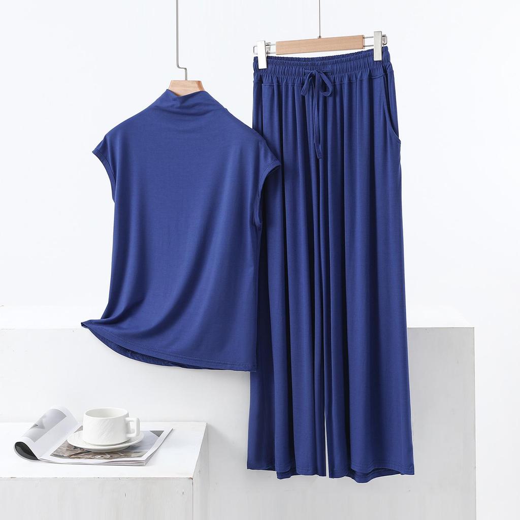 Summer High-Neck Sleeveless Top & Color Block Wide-Leg Pants Two-Piece Set