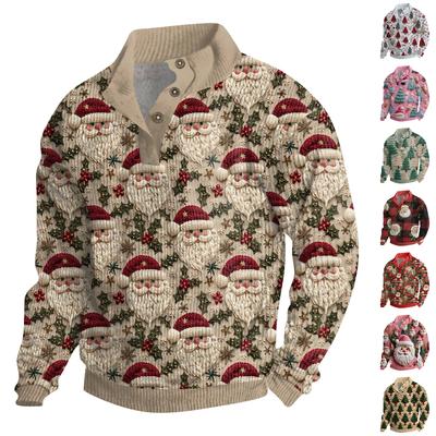 Men's Christmas Cotton Pullover Long Sleeve Outdoor Shirt Vintage Corduroy Button Stand Collar Shirt Casual Sweatshirt Christmas Print Top