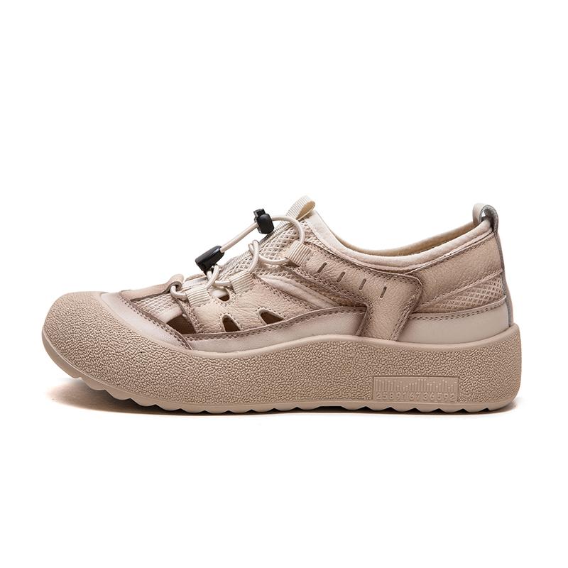 

Breathable Leather Mesh Casual Sneakers for Women Retro Sport Shoes with 3.5cm Heel and Elastic Lace 40 бежевий