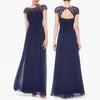 Women's Lace Bridesmaid Dress Cap Sleeve Ruched Round Neck Chiffon Formal Evening Gown A-Line Wedding Guest Maxi Dress for Cocktail Party Prom