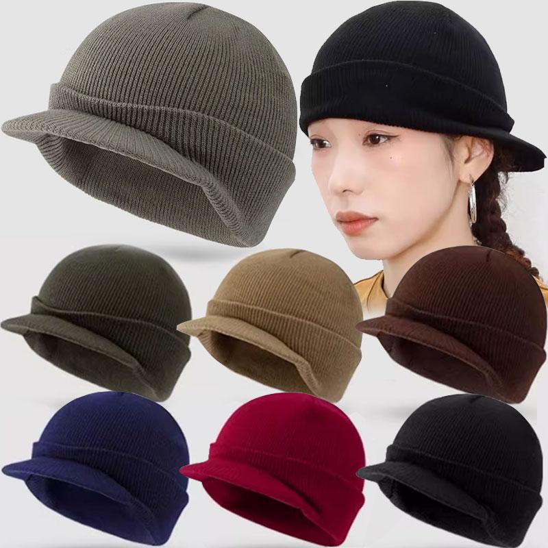 Unisex Winter Knitted Hats Short-brimmed Woolen Army Peaked Caps Knitted Warm Hat Fashion Solid Color Autumn Wool Cap Woman Man