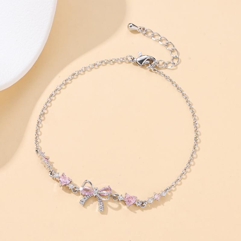 Shiny Pink Bow Heart Zircon Jewelry Set Necklace Bracelet for Women Trendy Y2K Style Accessory Gift for Teens