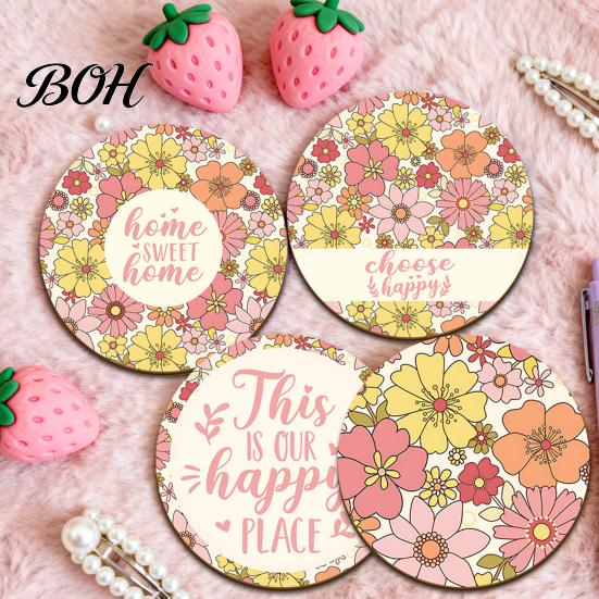 Non Slip Wood Coasters 4PCS Easter Flower Set, Thick Cork Base Non-Slip Heat Resistant Drink Durable Wooden Coasters, Floral Print Decorative for Home