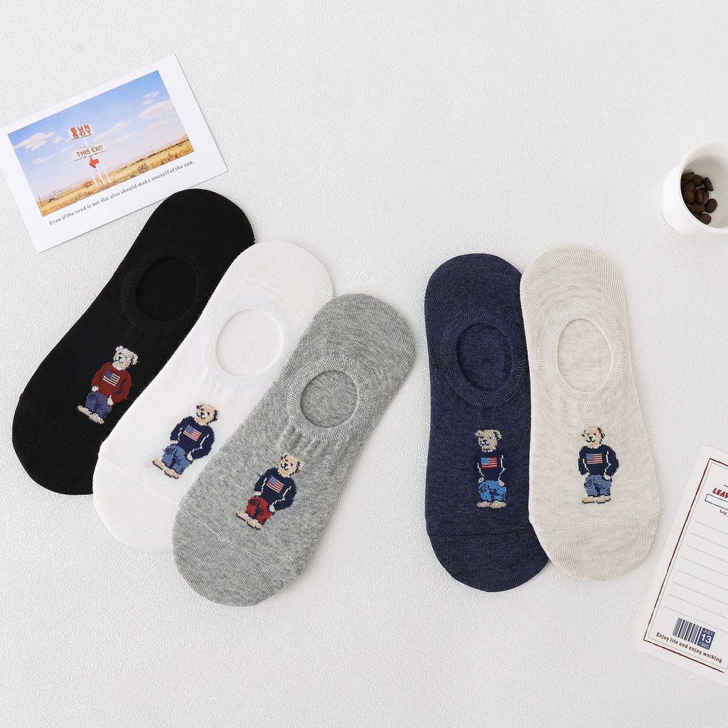 5 Pairs Unisex Men Socks Summer Designer socks Cartoon Bear Cotton Boat Socks Light Comfortable Sweat-absorbent Invisible Socks