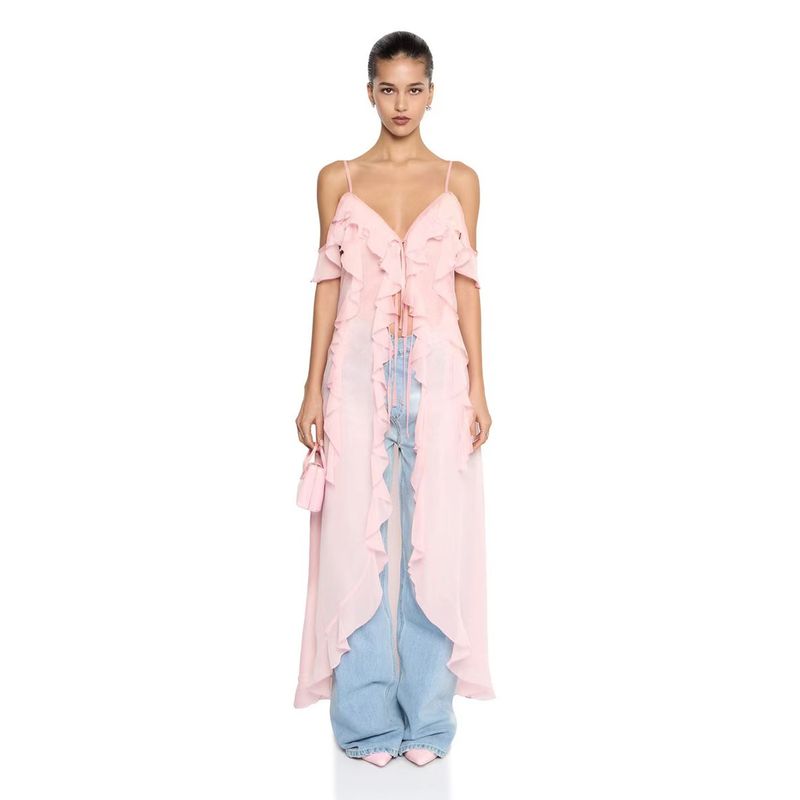 

Western Style Summer New Fashion Temperament Sexy Sling Frill Dress Sexy Lace up Dress Pink L
