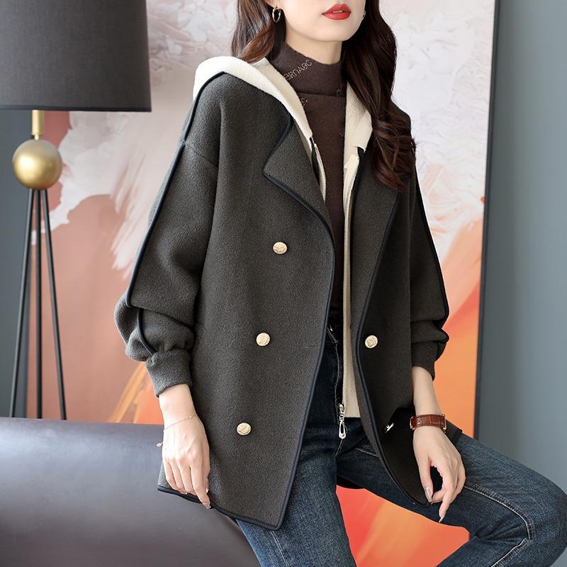 Pletená bunda s kapucí, falešná dvoudílná, dvouřadá, na podzim, korejský nový styl, volný temperament, vlněný kabát pro ženy