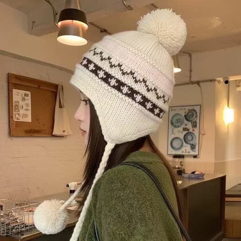 Winter big head circumference fleece warm wool hat cold protection ear cover hat, Fair Island wind hairball knitted hat