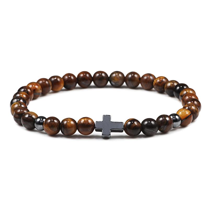 Prayer Men Women Bracelet Hematite Cross 6MM Natural Stone Tiger Eyes Bead Strand Bracelets Bangle Jesus Yoga Homme Jewelry Gift