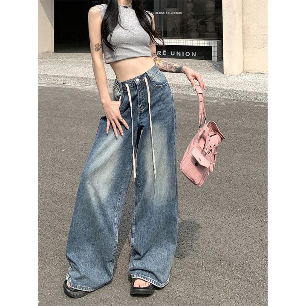 Women's Drawstring High Waist Wide Leg Jeans Loose Fit Retro Vintage Denim Pants Casual Street‑Style Trousers for Daily Wear