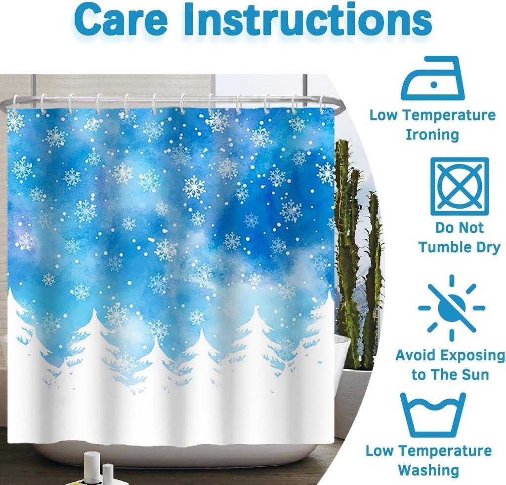 Winter Snowflake Shower Curtain Blue Sky Pine Trees Christmas Holiday Bath Decor Waterproof Fabric Seasonal Theme Home 70X80