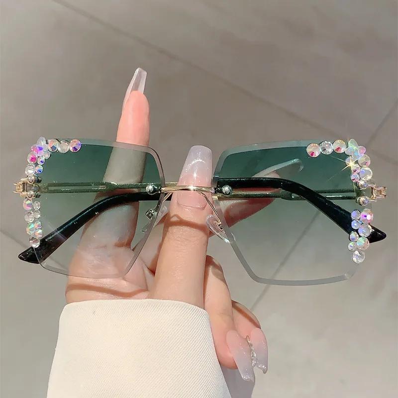 

Luxury Diamond Brand Designer Rimless Sunglasses Women For Female Fashion Vintage Party Travel Punk Sun Glasses Crystal Eyewear