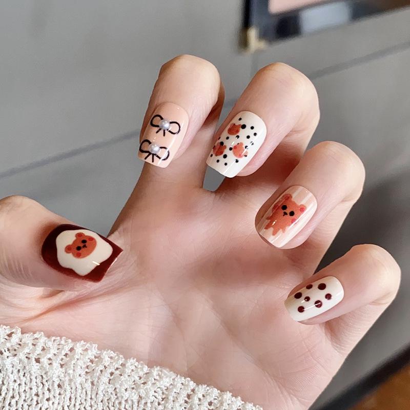 

Handmade Cartoon Bear Wearable Nails - Cute, Student-Style Short False Nails (30 Pieces) Handmade Nails S Size #10 pieces/bag