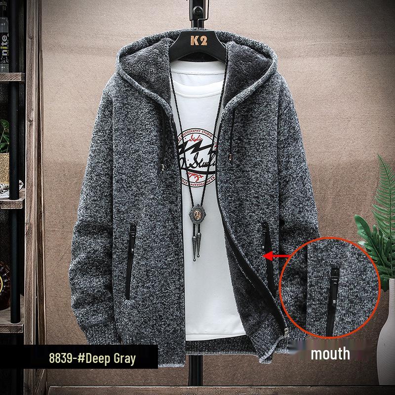 Men's Versatile Zipper Pocket Hooded Thick Knit Jacket for Autumn & Winter