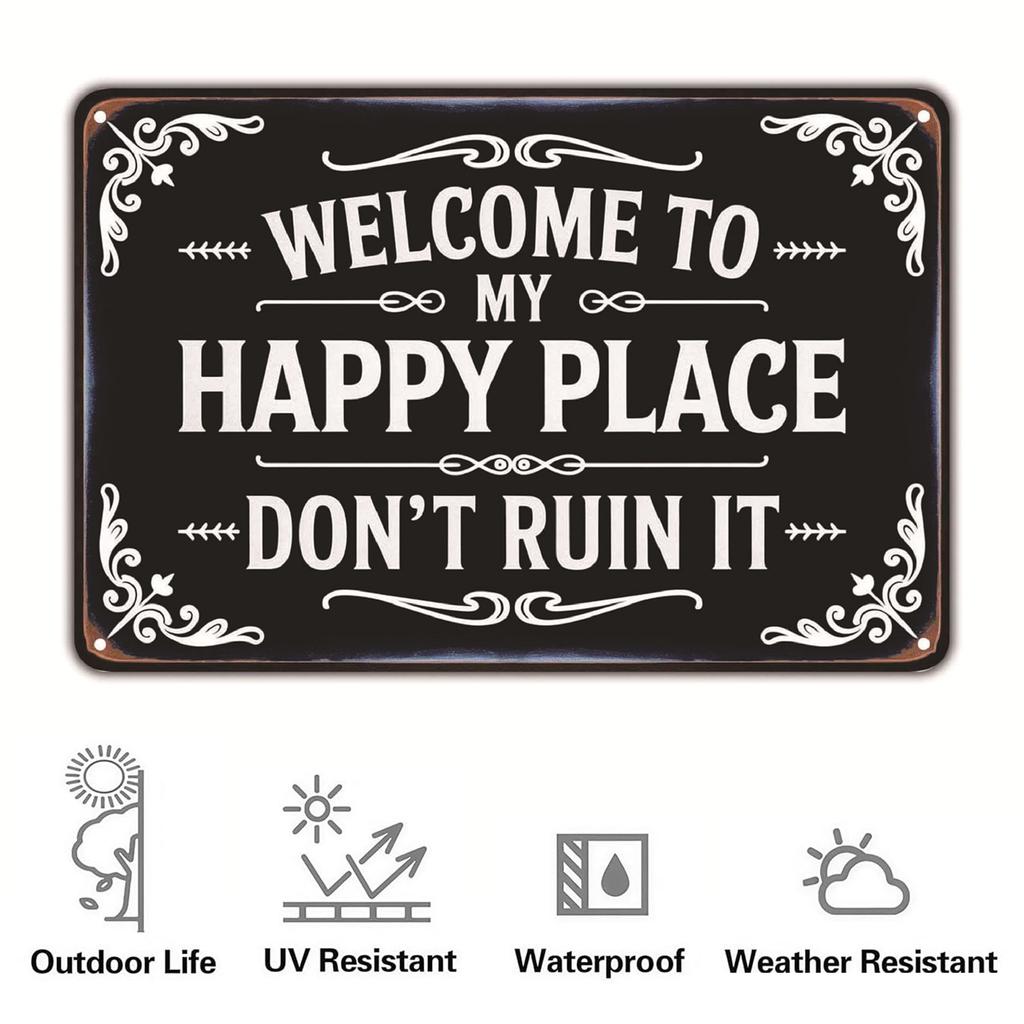 Happy Place Vintage Statement Tin Metal Sign Funny Rustic Style Metal Garden Door Sign for Entryway Porch Patio Home Decor