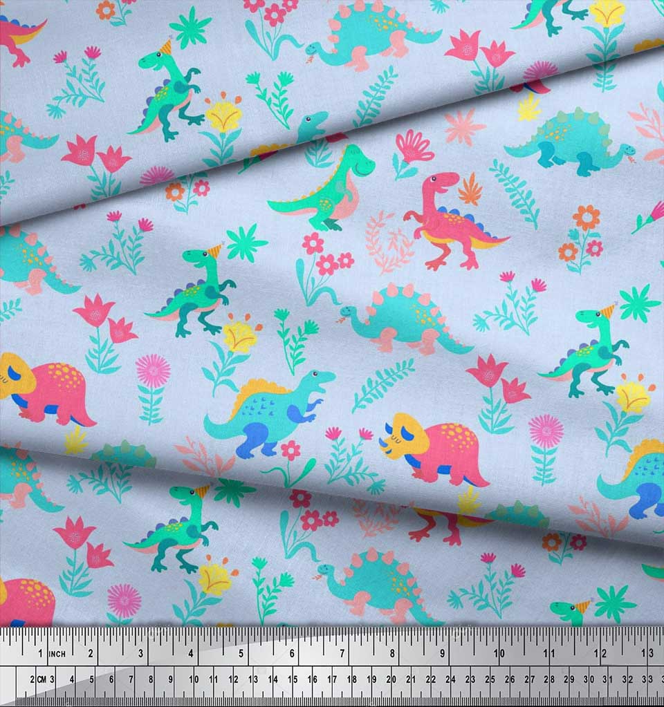 Soimoi Black Japan Crepe Satin Fabric Aster Flower & Dinosaur Kids Print Fabric by Metre 42 Inch