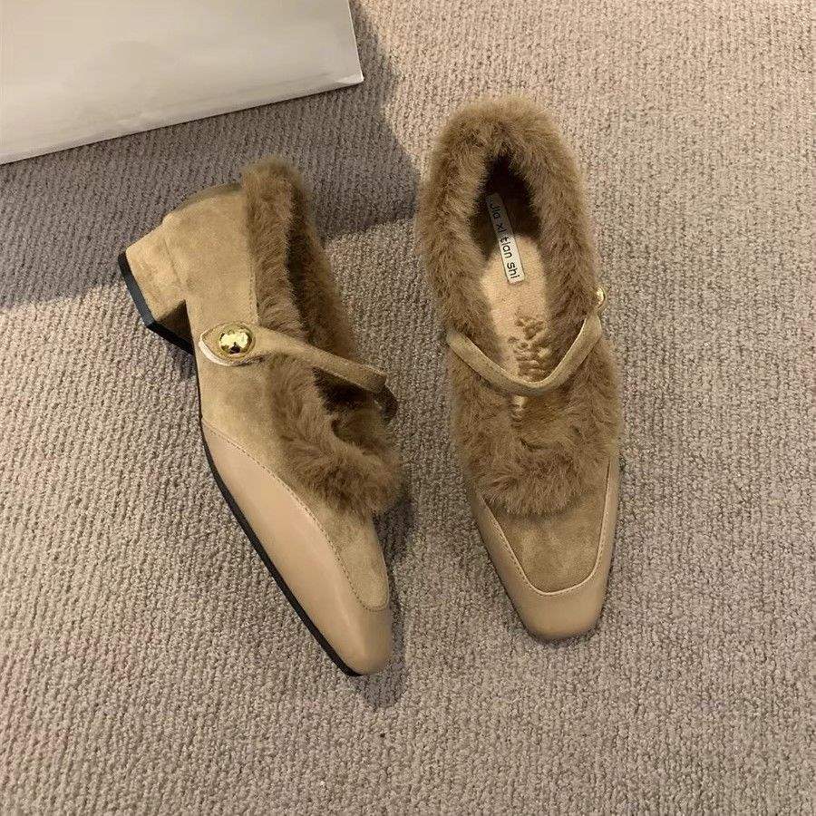 

Layla Mao Mao shoes outer wear women s shoes 2025 new one-word belt Mary Jane single shoes light mouth velvet autumn and winter cotton shoes 35 хакі
