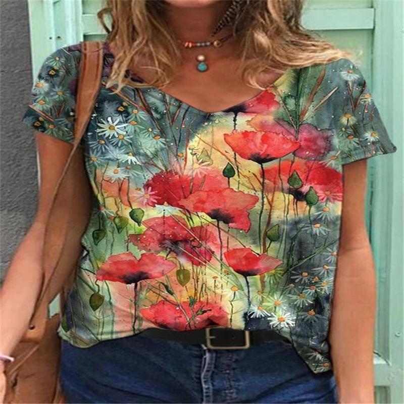 T-skjorte med V-hals for kvinner Street Trend Fritidsskjorte 3d-trykk Allsidige klær Løs mote Komfortabel halvermet