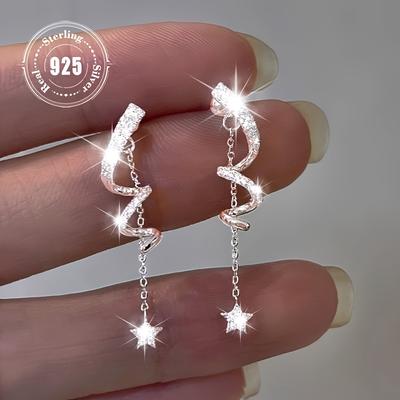 Vana Elegant 925 Sterling Silver Zirconia Geometric Spiral Wrap Star Tassel Dangle Earrings, Women's Versatile - Designed for Party and Everyday Wear.