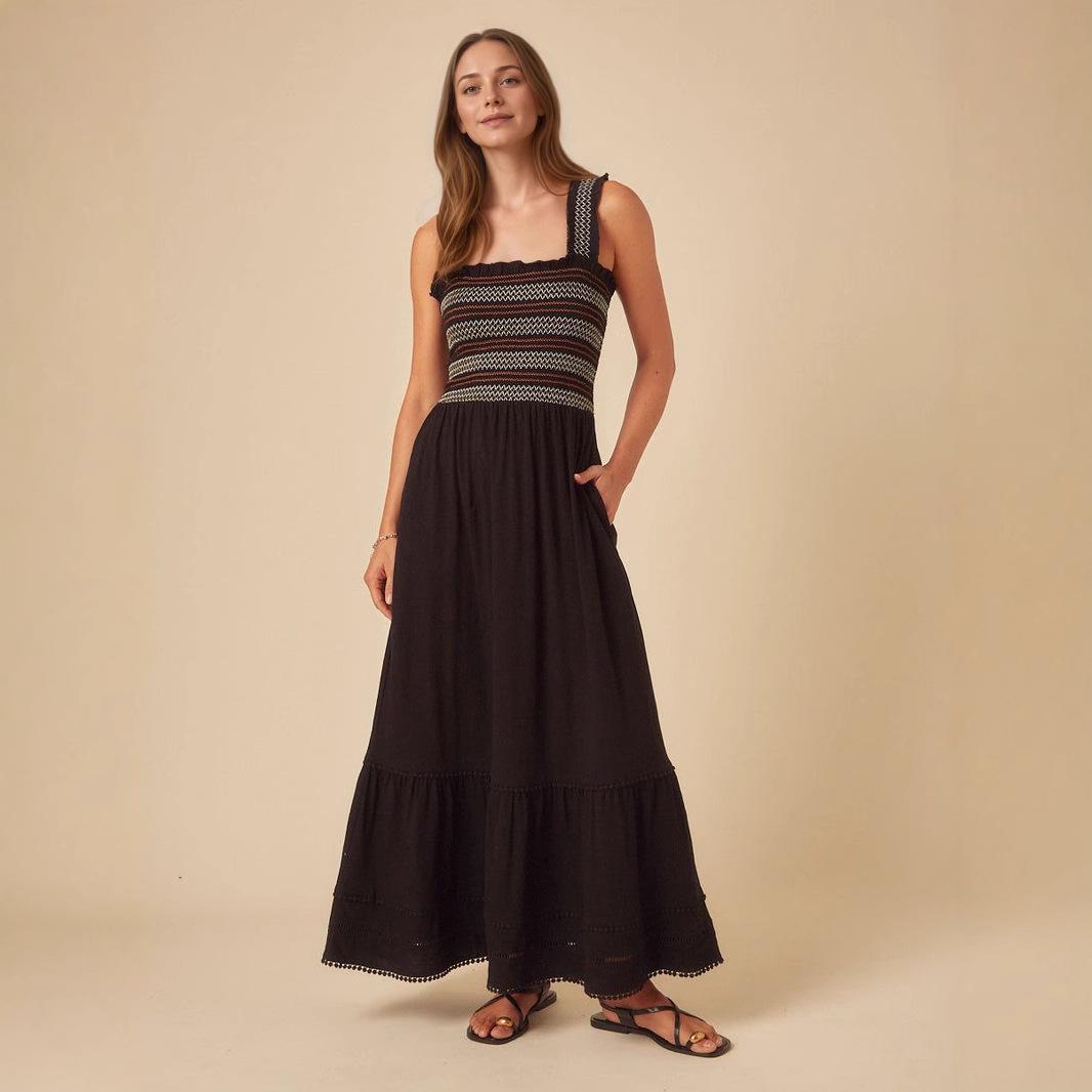 Women s French Summer Vacation Wind Wrap Sling Vest Splicing Dress Long S